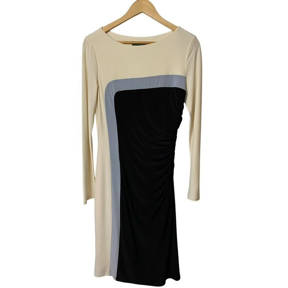 Lauren Ralph Lauren Colorblock Ruched Dress Womens 8 Black Ivory Long Sleeve